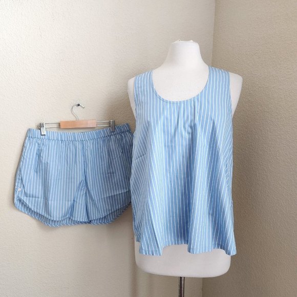 LAKE Pajama 2-PC Set LARGE Top Shorts Blue White Stripe 100% Cotton - Picture 5 of 16